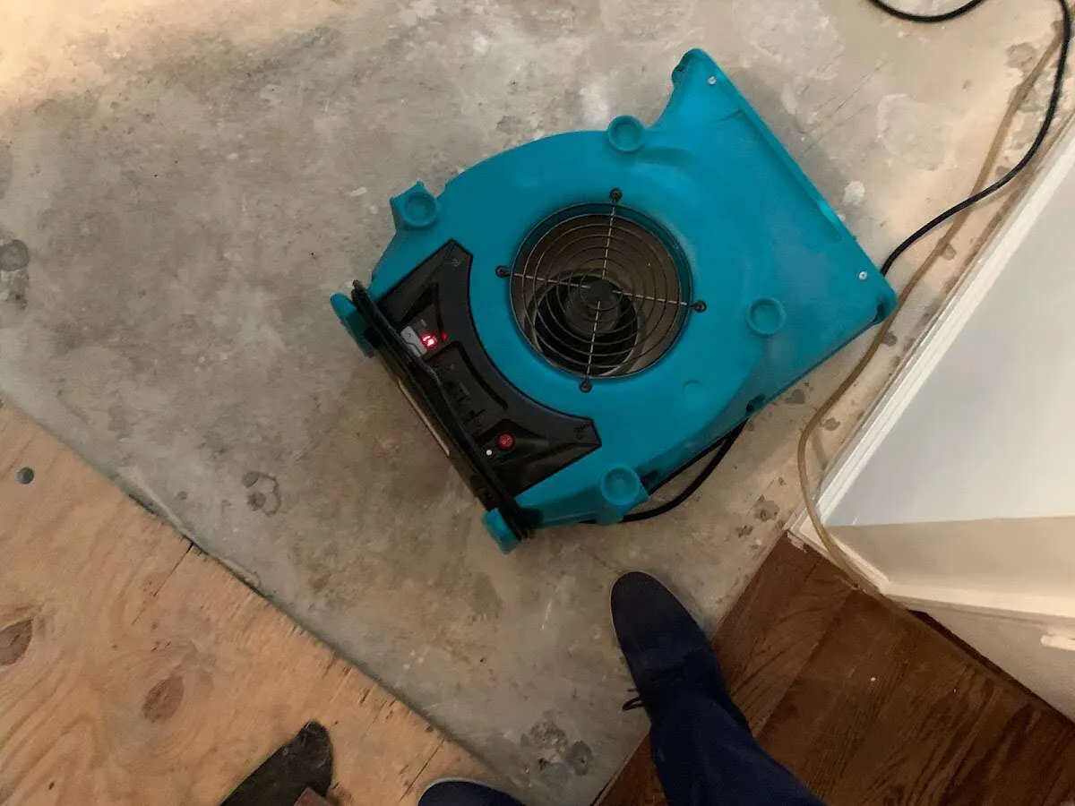 Air mover drying subfloor during Commercial Water Damage Restoration in Pass Christian